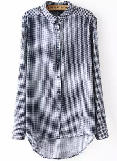Romwe Navy Long Sleeve Houndstooth Dip Hem Blouse
