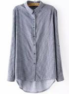 Romwe Navy Long Sleeve Houndstooth Dip Hem Blouse