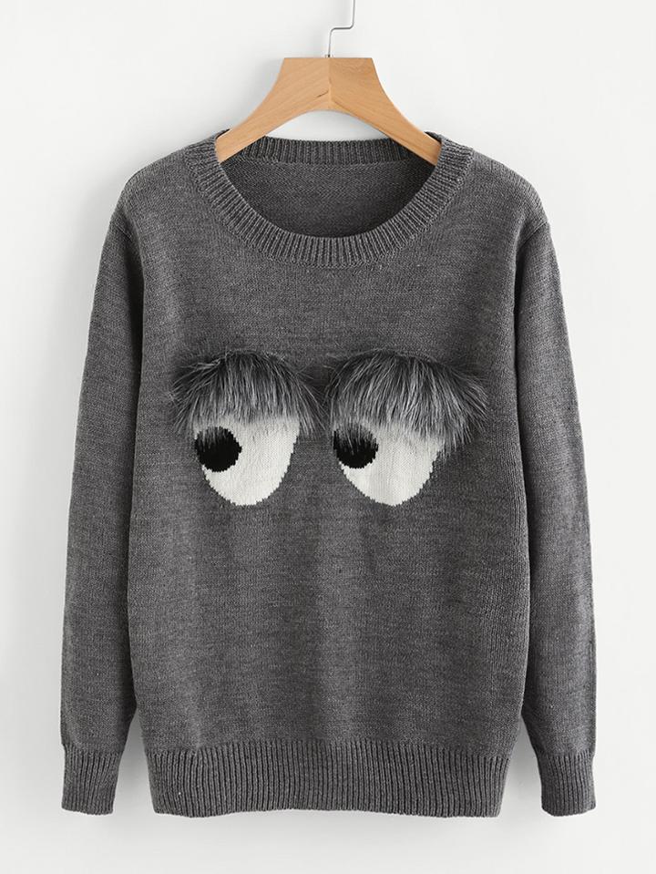 Romwe Faux Fur Embellished Eyes Pattern Jumper