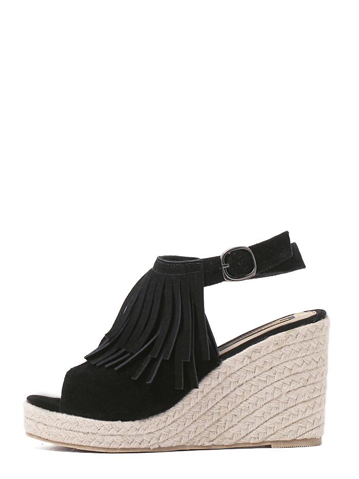 Romwe Black Buckle Strap Fringe Mule Espadrille Wedges