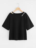 Romwe Cutout Neck Print Tape Detail T-shirt