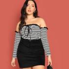 Romwe Plus Tie Neck Striped Tee