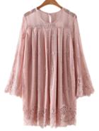 Romwe Pink Bell Sleeve Embroidery Hollow Lace Dress