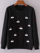 Romwe Black Swan Embroidery Ribbed Trim Knitwear