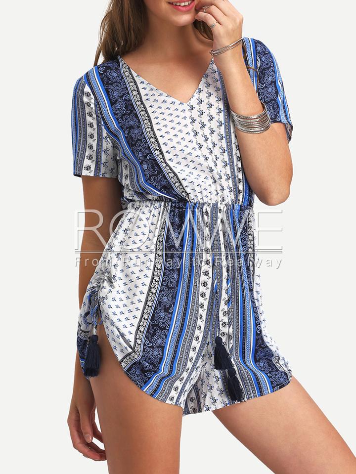 Romwe Multicolor Boho Print Tassel Split Back Jumpsuit