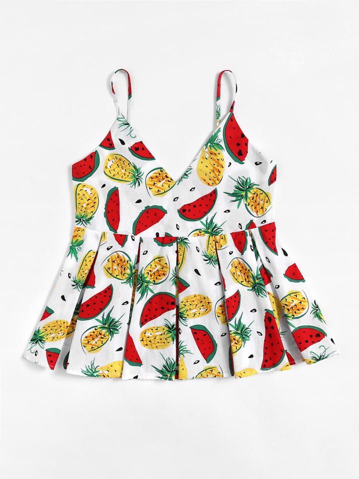 Romwe Fruit Print Box Pleated Cami Top
