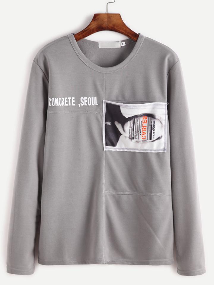 Romwe Grey Letter Print Patch Pocket T-shirt