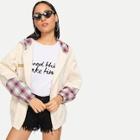 Romwe Embroidered Letter Plaid Hooded Jacket