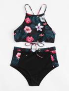 Romwe Self Tie Flower Print High Waist Bikini Set
