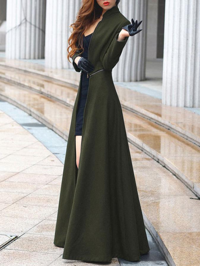 Romwe Stand Collar Zipper Maxi Army Green Coat