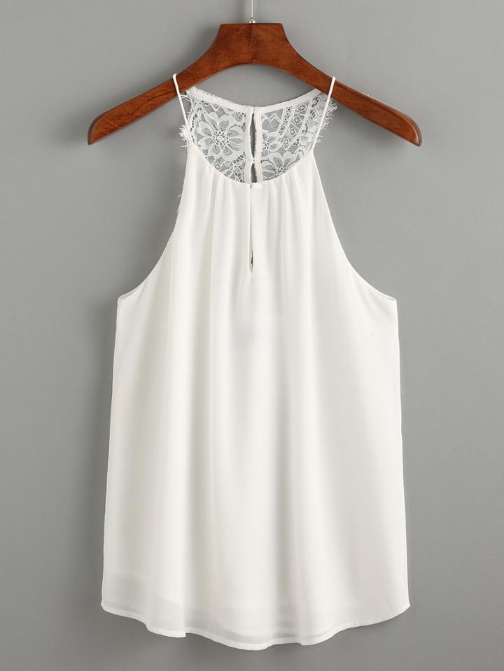 Romwe White Buttoned Lace Racerback Chiffon Cami Top