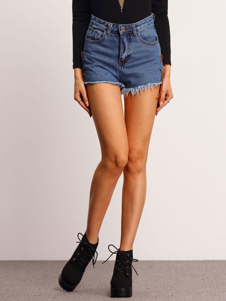 Romwe Frayed Lace Up Denim Shorts