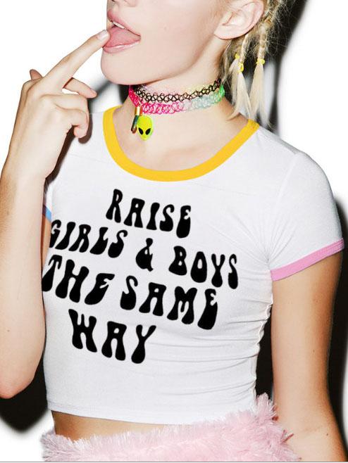 Romwe Contrast Trim Letter Print White Crop T-shirt