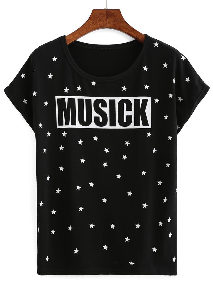Romwe Star & Letter Print T-shirt