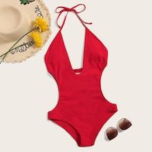 Romwe Cutout Waist Halter One Piece Swimsuit