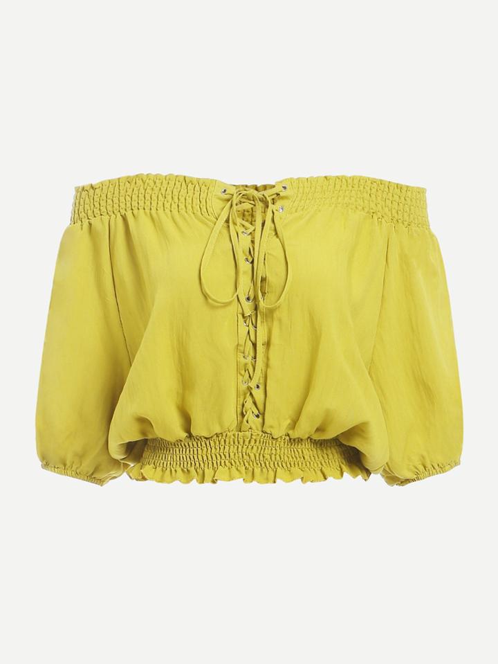 Romwe Off The Shoulder Lace Up Smock Blouse