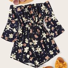Romwe Plus Floral Print Off The Shoulder Playsuit