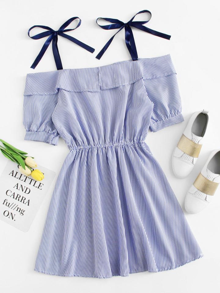 Romwe Open Shoulder Striped Dress