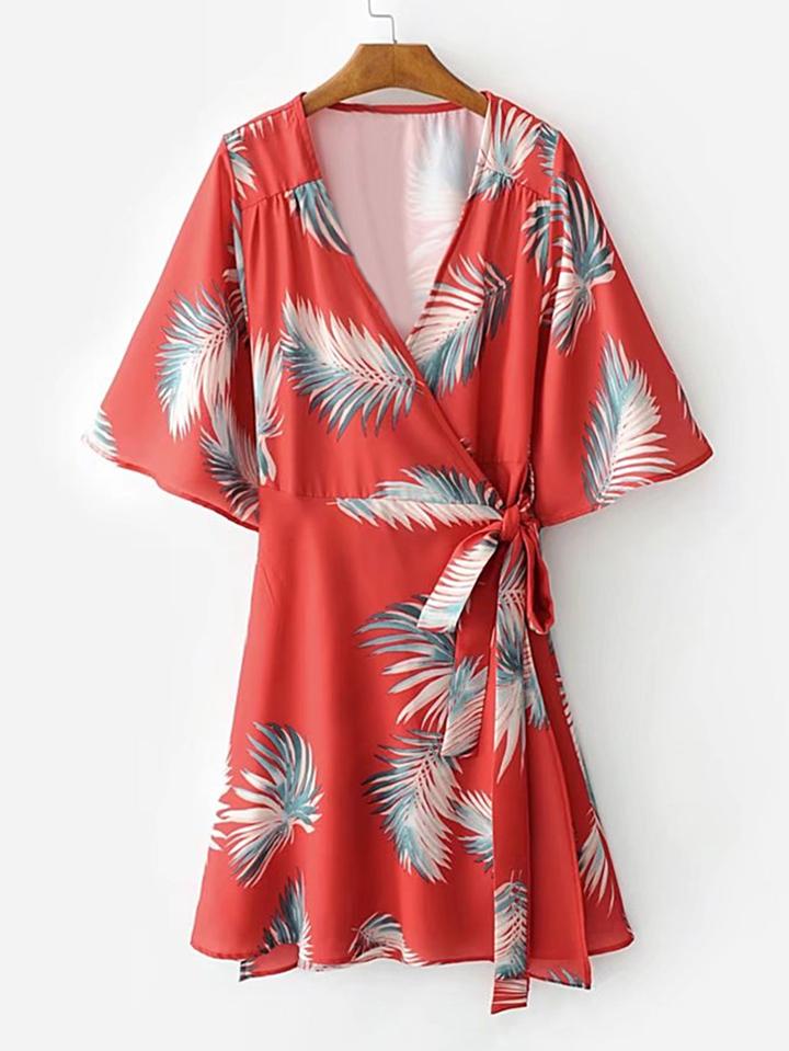 Romwe Bell Sleeve Tie Waist Wrap Dress