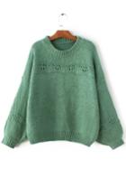 Romwe Green Ribbed Trim Lantern Sleeve Sweater