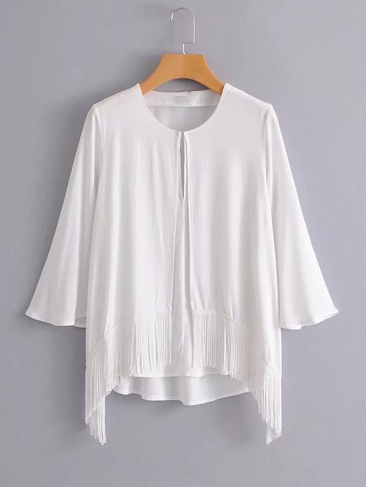 Romwe Flounce Sleeve Fringe Hem Blouse