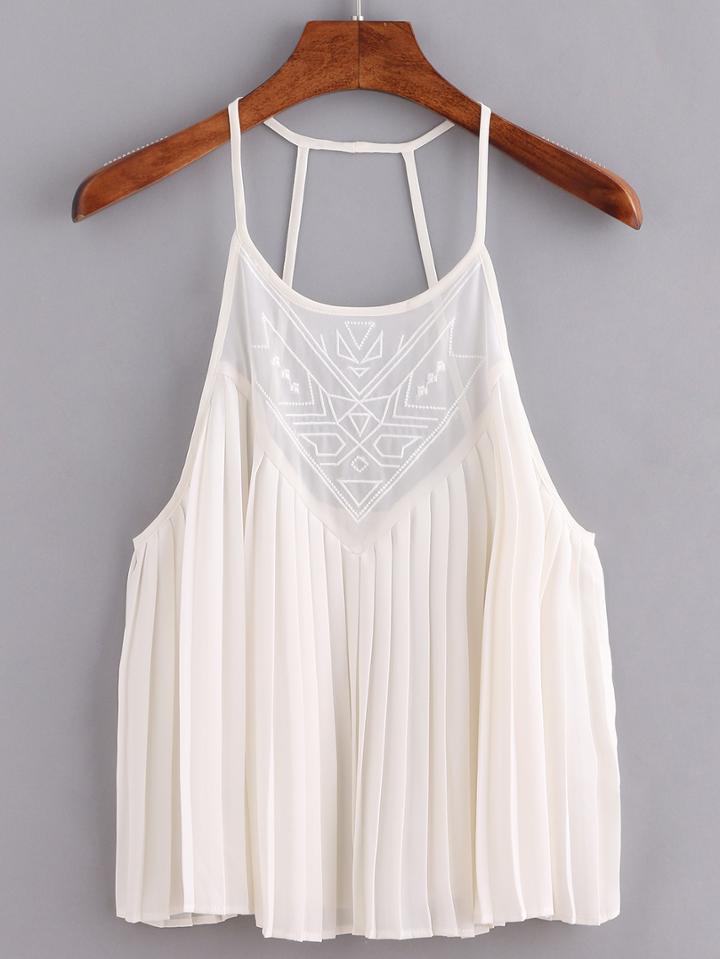 Romwe Embroidered Pleated Chiffon Cami Top - White