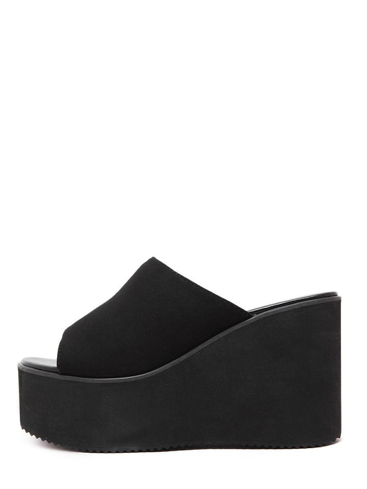 Romwe Black Peep Toe Faux Suede Wedge Slippers
