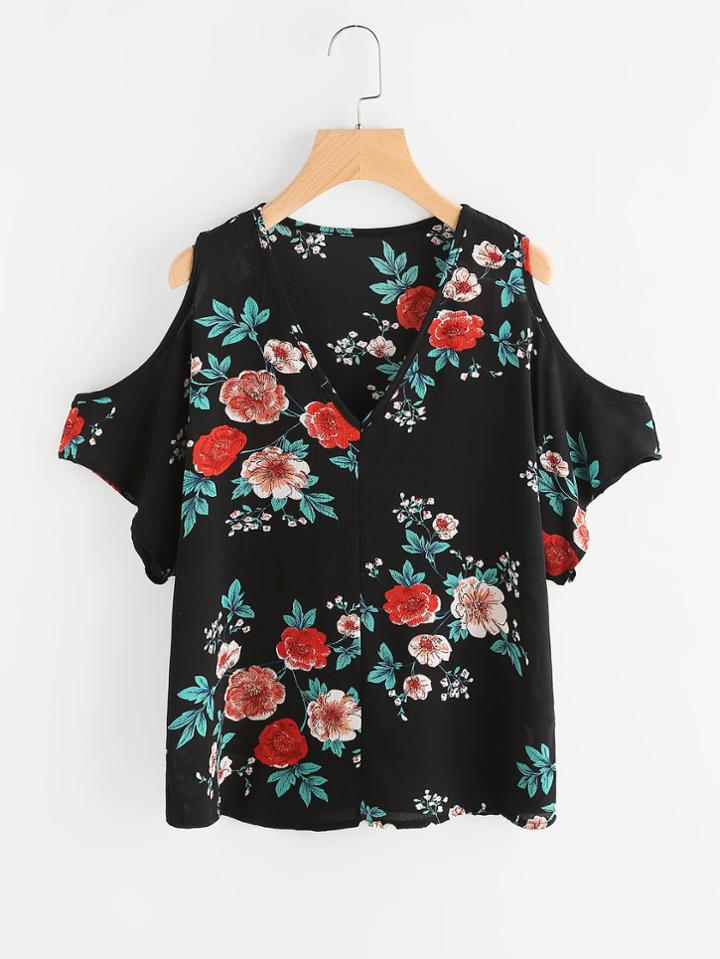 Romwe All Over Flower Print Open Shoulder Top