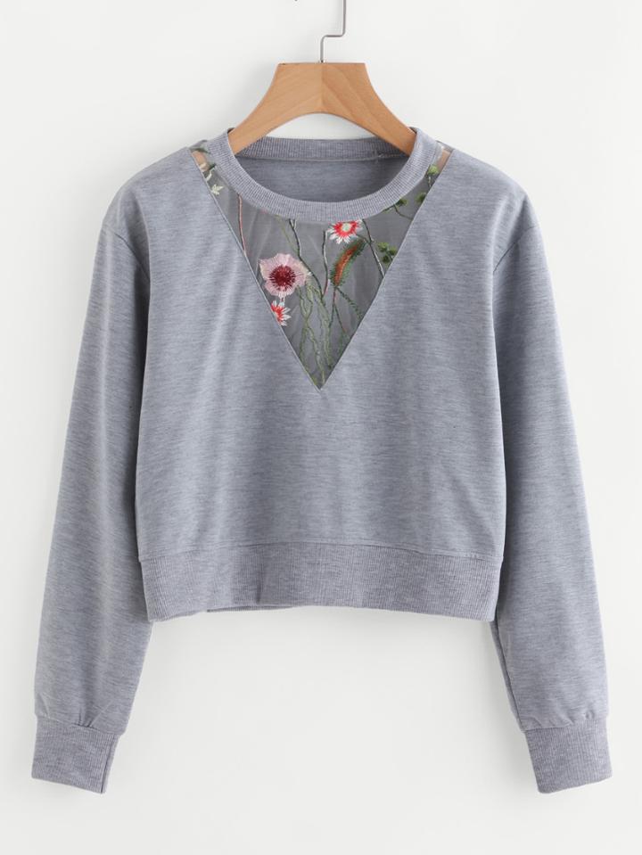 Romwe Floral Embroidered Mesh Insert Sweatshirt