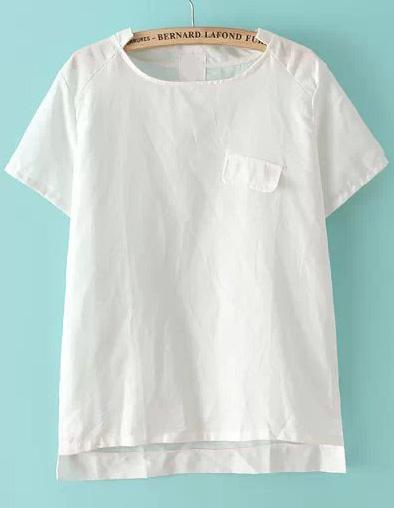 Romwe Stand Collar Pocket Dip Hem White T-shirt
