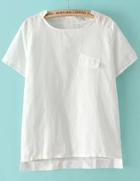 Romwe Stand Collar Pocket Dip Hem White T-shirt