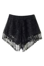 Romwe Lace Tassel Embellished Black Shorts