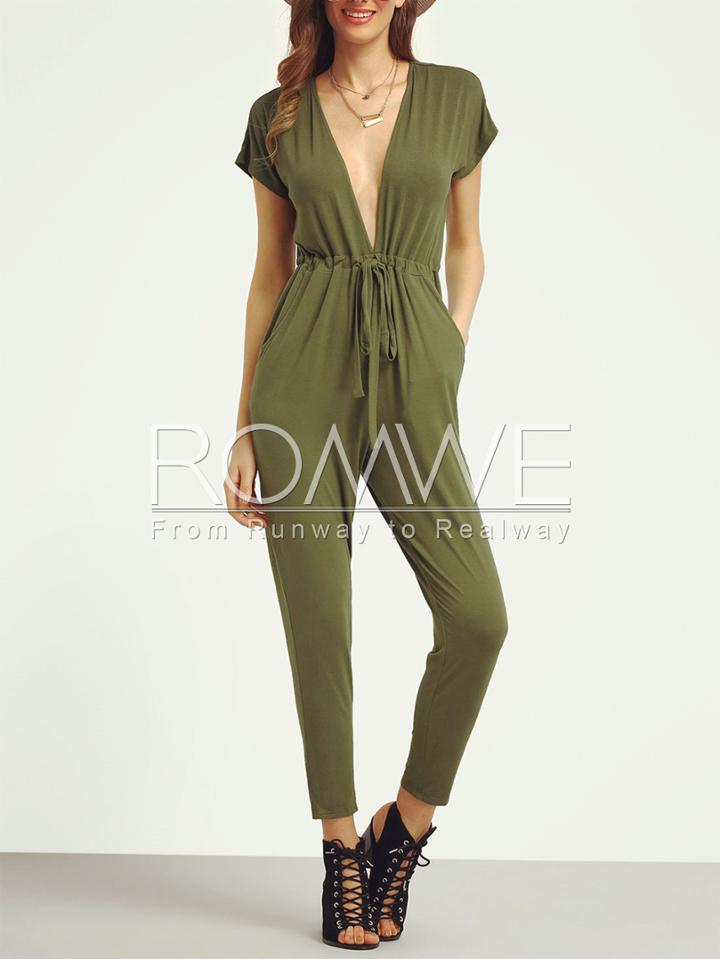 Romwe Army Green Deep V Neck Tie Jumpsuit