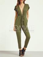 Romwe Army Green Deep V Neck Tie Jumpsuit
