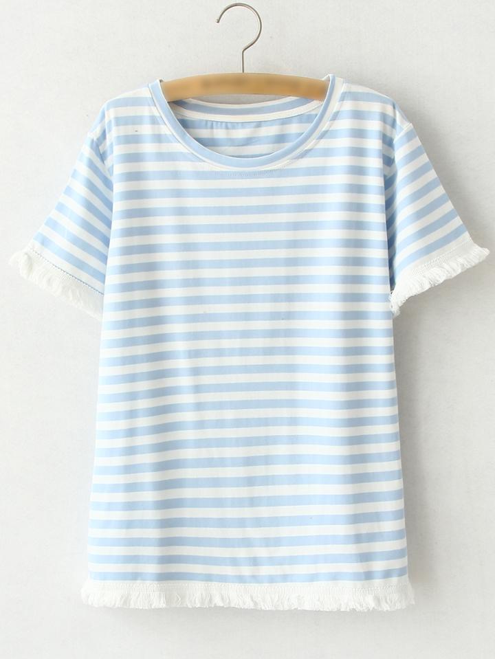 Romwe Blue Short Sleeve Fringe Stripe T-shirt