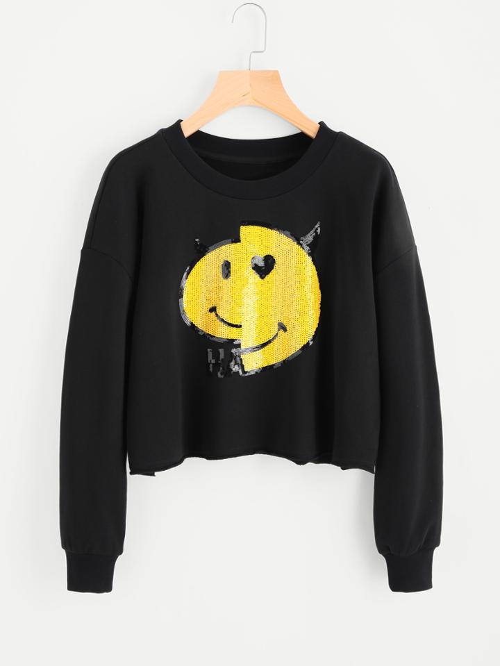 Romwe Sequin Emoji Detail Raw Cut Pullover