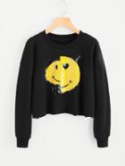 Romwe Sequin Emoji Detail Raw Cut Pullover