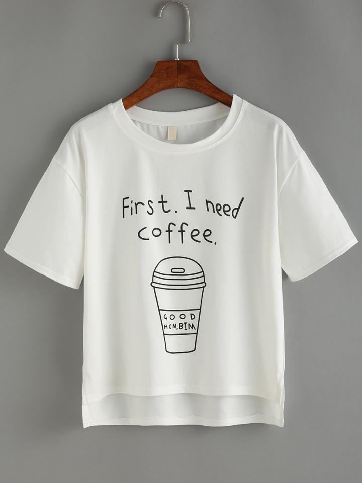 Romwe Coffee Cup Print High Low White T-shirt