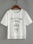 Romwe Coffee Cup Print High Low White T-shirt