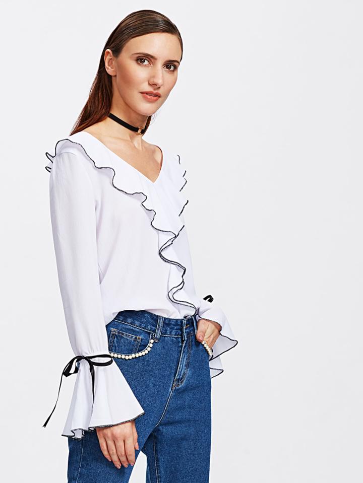 Romwe Tied Bell Cuff Frill Trim Blouse