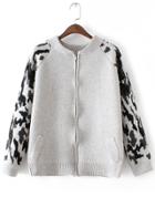 Romwe Grey Pattern Raglan Sleeve Pocket Back Zip Sweater Coat
