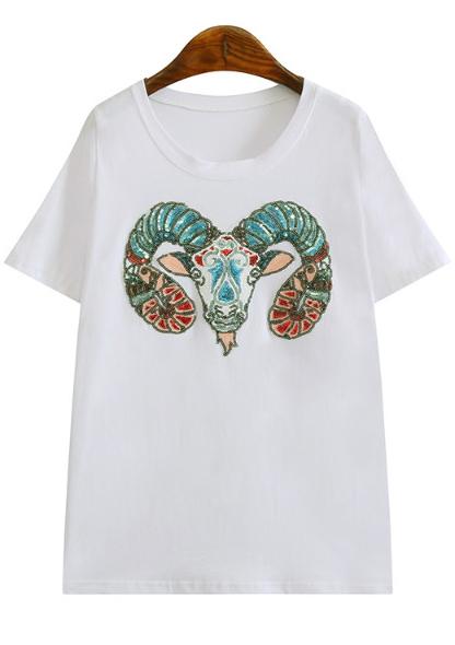 Romwe With Sequined Sheep Pattern White T-shirt
