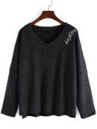 Romwe V Neck High Low Letter Embroidered Grey Sweater