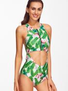Romwe Green Tropical Print Cutout One-piece Swimwear