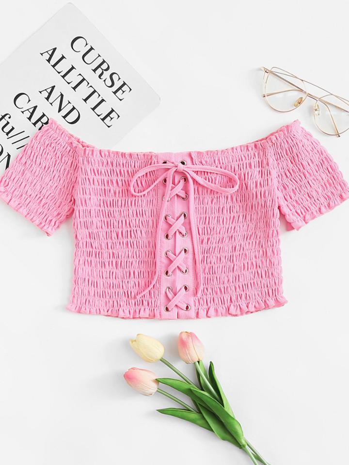 Romwe Off Shoulder Pleated Lace Up Top