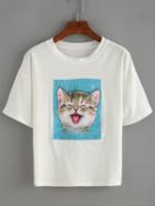 Romwe White Cat Print Patch T-shirt
