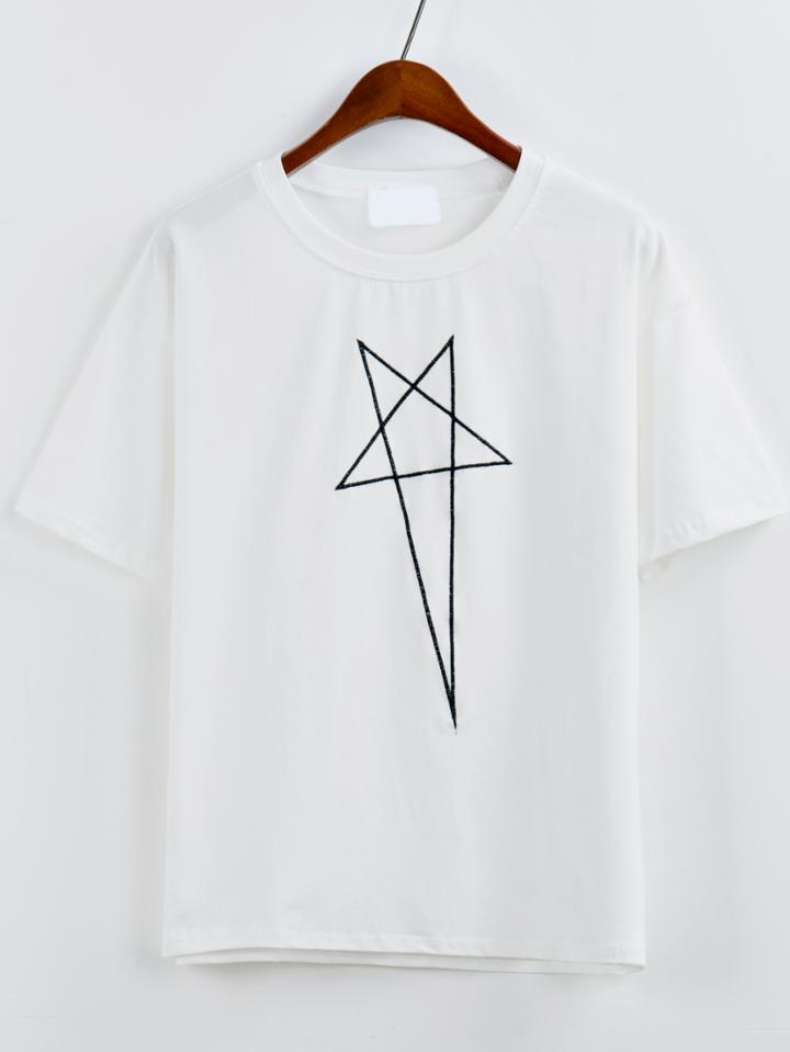 Romwe Embroidered Star White T-shirt