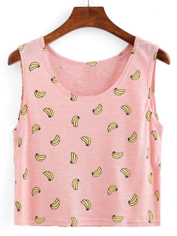 Romwe Banana Print Crop Tank Top - Pink