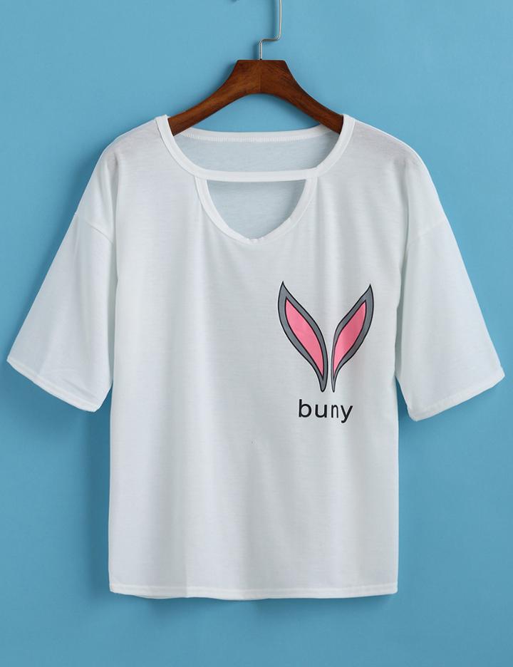 Romwe Rabbit Ears Print Loose T-shirt