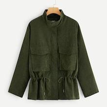 Romwe Plus Flap Pocket Front Drawstring Waist Suede Coat